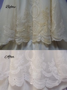 Meuel hemline before and after wedding gown restoration