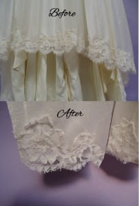 Hemline Before and After wedding gown restoration