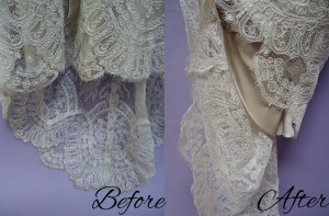 We were able to get the dirt off these lace hemlines.