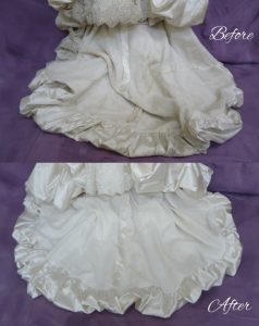 Deborah Castle's wedding Dress train before and after cleaning
