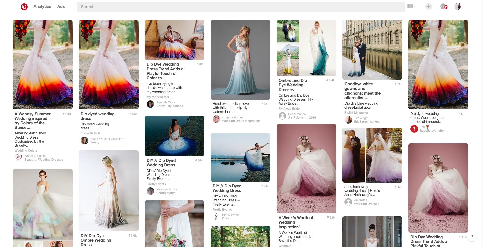 Photo credit: A screenshot of the keyword "dipped wedding dresses" search result on Pinterest.
