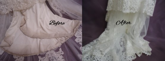 Emily's wedding dress train before and after expert wedding dress cleaning.