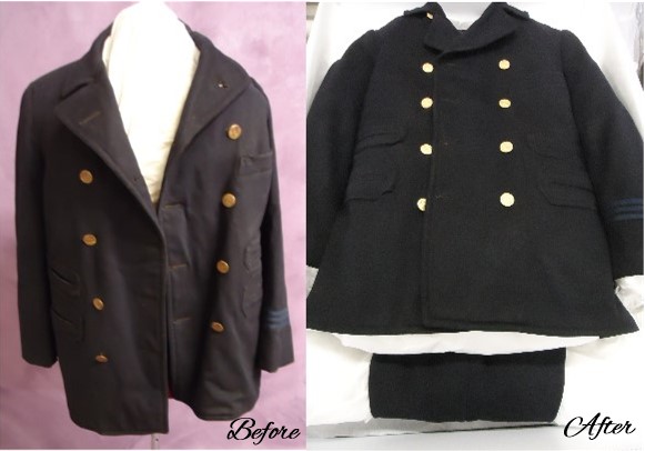 Henry Dallas Harrington's streetcar conductor uniform before and after uniform restoration and preservation