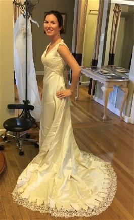 Maura's vintage wedding gown after removing bodice lace and sleeves. Click on photo to see enlarged.