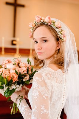 Ellen wearing grandmother's wedding dress. 