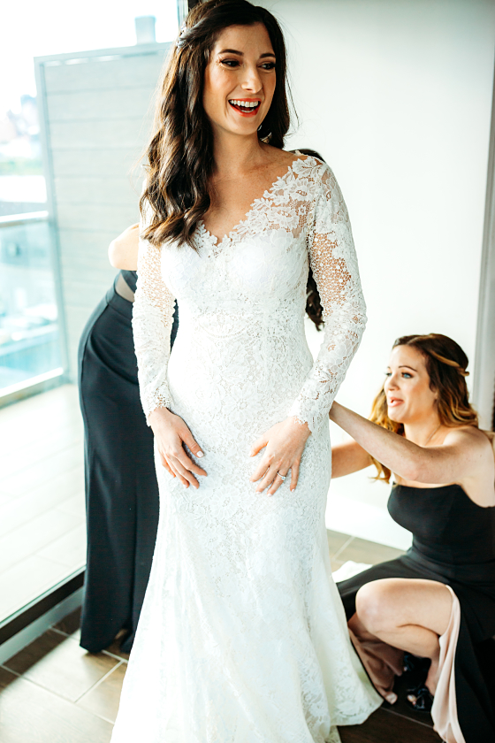 Brittany's Ivory and nude synthetic Atelier Pronovias wedding dress with lace overlay