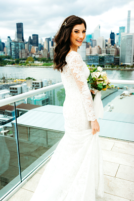 Brittany's stunning gown with the NYC skyline in the background