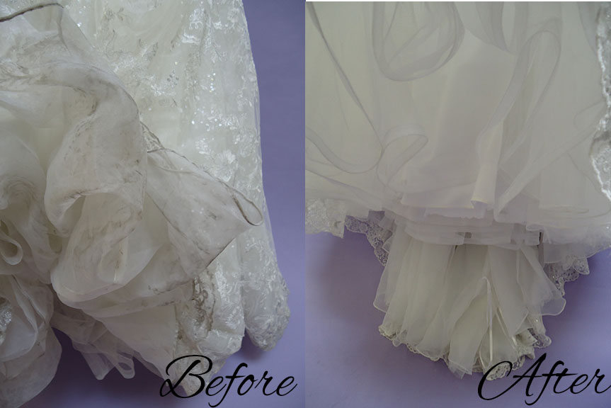 Dirty hemline - Before and after wedding dress cleaning