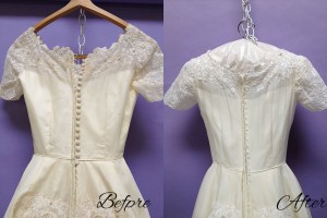 The dress had slightly yellowed since its previous cleaning, but we were able to get it back to white.
