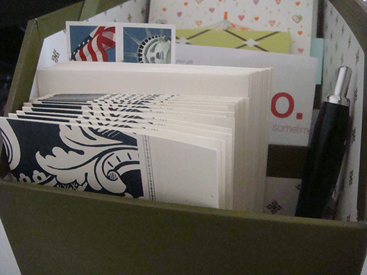 Keeping stationary, envelopes, pens, and stamps will help keep you focused on the thank you notes.