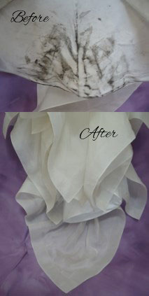 Dirt and grease on this wedding dress hemline required expert wedding dress cleaning