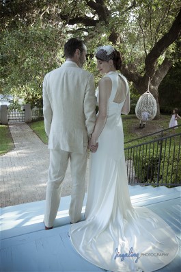 Toni and Hayes on their wedding day. Toni is wearing a beautiful 1930s wedding dress replica.