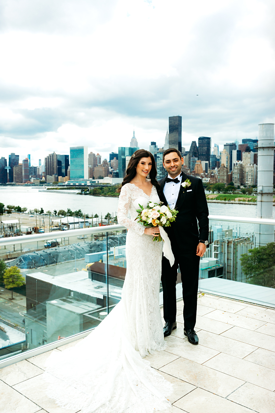 Brittany's stunning gown with the NYC skyline in the background